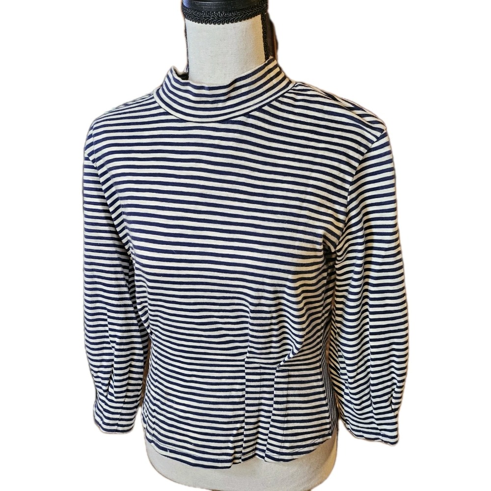 Madewell Women XS Mock Neck Structured Top Navy White Striped Blouse 1-01234